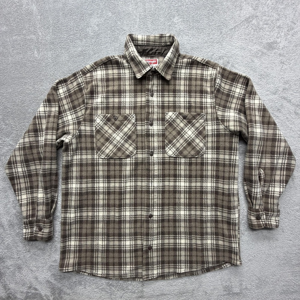 Wrangler Shirt Mens Large Brown Plaid Fleece Button Up Long Sleeve Warm Casual